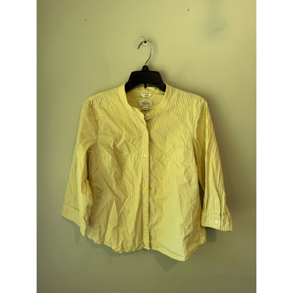 Talbots Petites Yellow Gingham Pintuck Mandarin Collar 3/4 Sleeve Shirt Large P